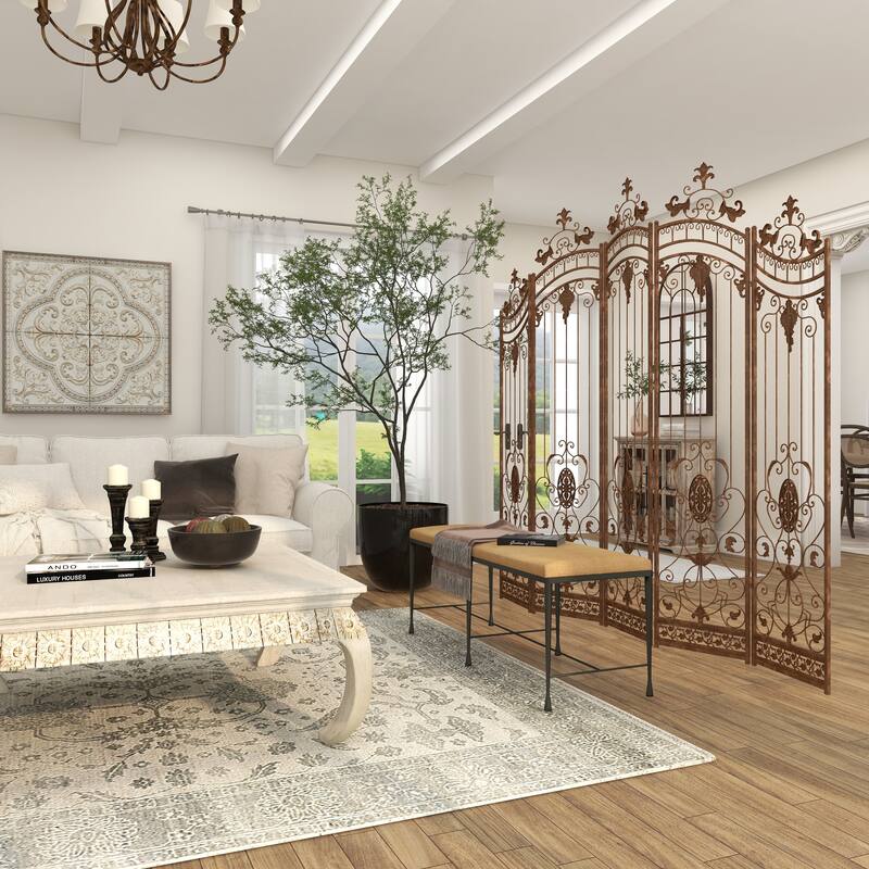 Metal Hinged Foldable Arched Partition 5 Panel Room Divider Screen with Relief Acanthus Design - Bronze - Roche River Decor