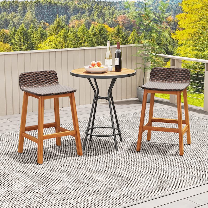 Gymax Solid Acacia Wood Bar Stools Set of 2 Rattan Bar Height Patio