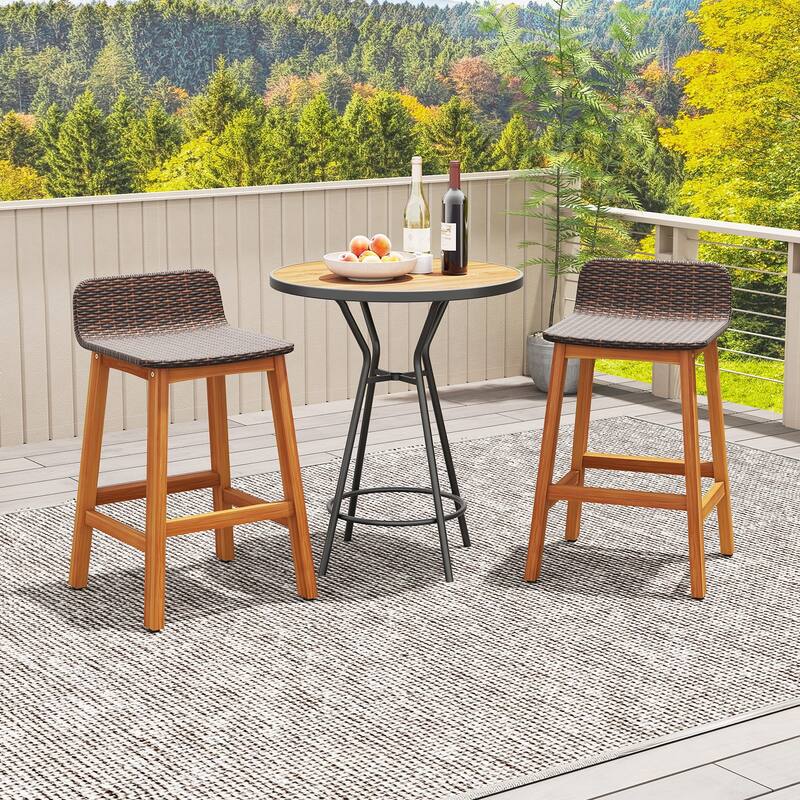Gymax Solid Acacia Wood Bar Stools Set of 4 Rattan Bar Height Patio