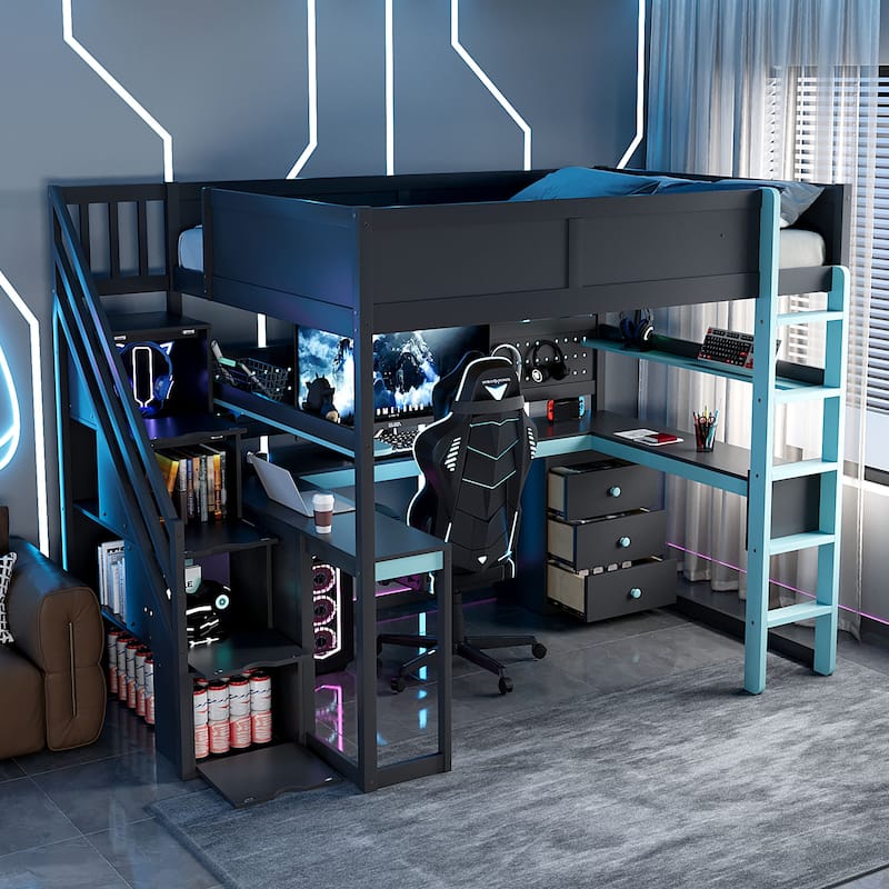 Gaming Loft Bed with Storage Stairs & Desk, Video Game Bed Wood Loft Bed Frame with Pegboard for Teens - Black+Blue - Full