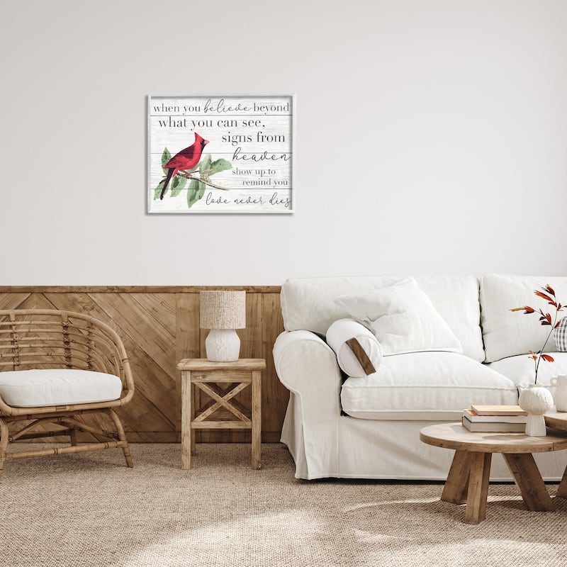 Stupell Believe Love Never Dies Inspirational Cardinal Bird Word Design Framed Wall Art - Red