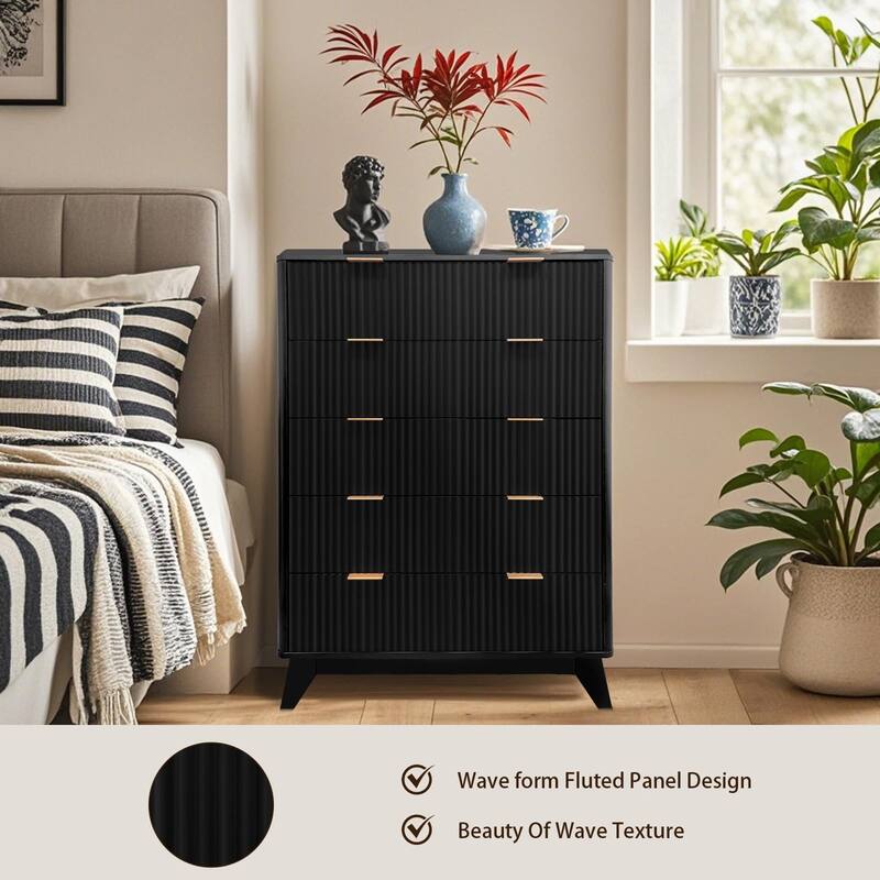 5 Drawer Fluted Dresser, 48" Tall Modern Wood Storage Chest