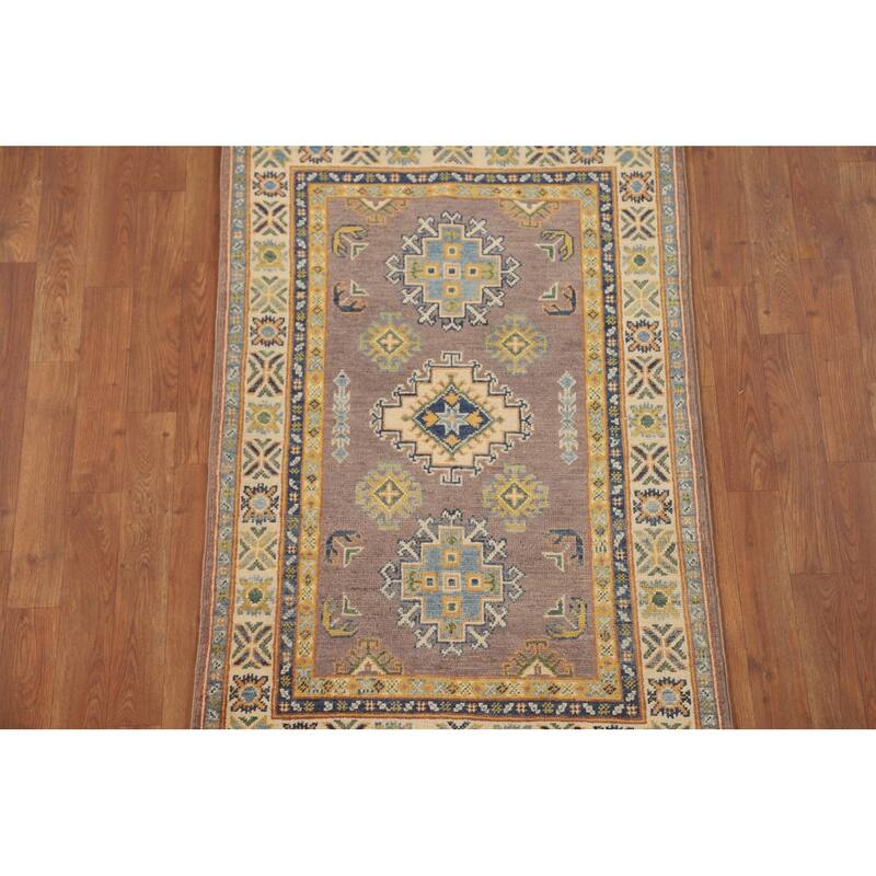 Geometric Brown Kazak Foyer Rug Hand-Knotted Wool Carpet - 2'8" x 4'3"