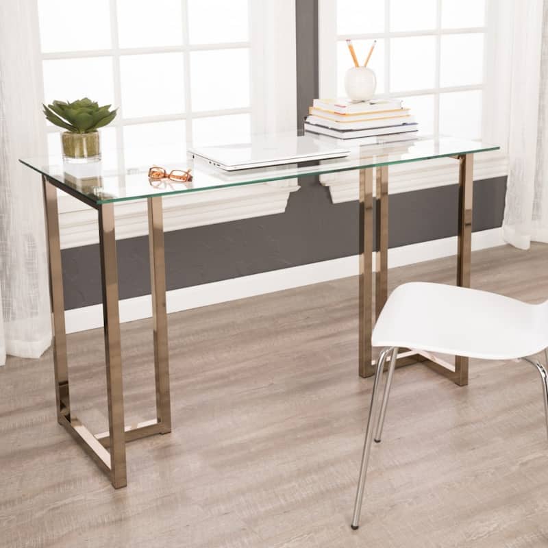 Clear Glass Champagne Metal Writing Desk with Shelf and Rectangular 48 inches
