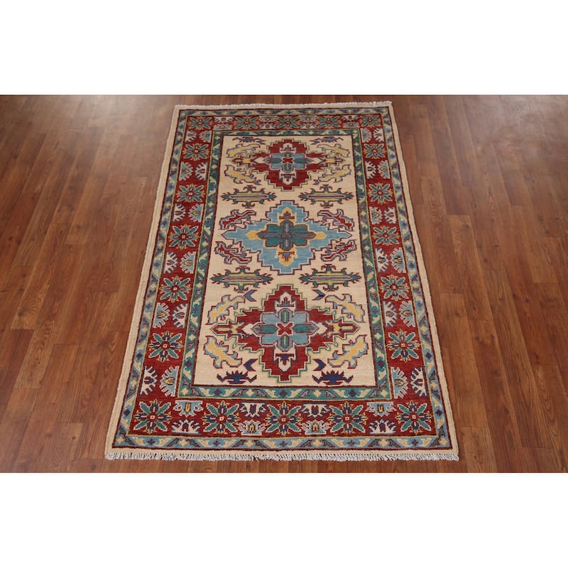 Geometric Kazak Oriental Accent Rug Entryway Handmade Wool Carpet - 3'4" x 5'0"