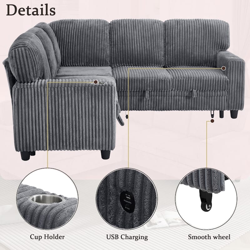 81" L-Shaped Corduroy Sectional Sofa with Pull-Out Bed