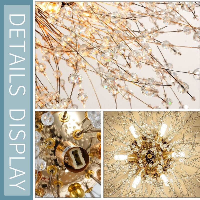 Crystal Flush Mount Ceiling Light, Modern Sputnik Firework Close to Ceiling Lamp - Golden + Crystal - 19.7