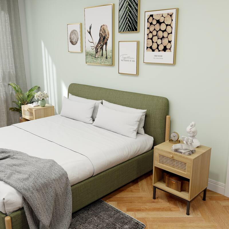 Rattan End Table/ Nightstand with Drawer, Farmhouse Boho Bed Side Table