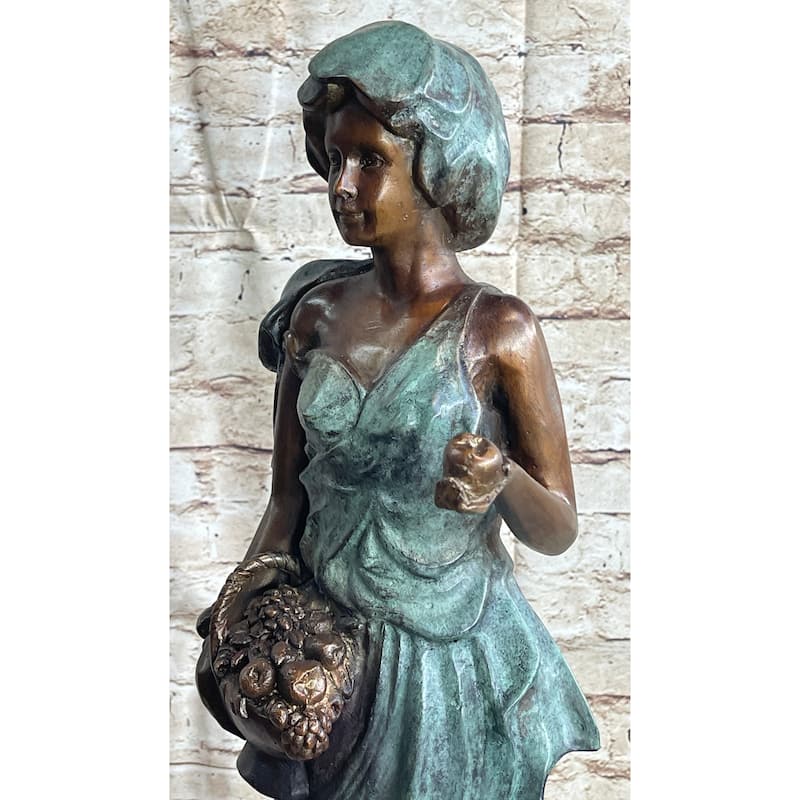 Signed Bronze Sculpture Statue Of A Young Woman Holding Basket Of Fruits