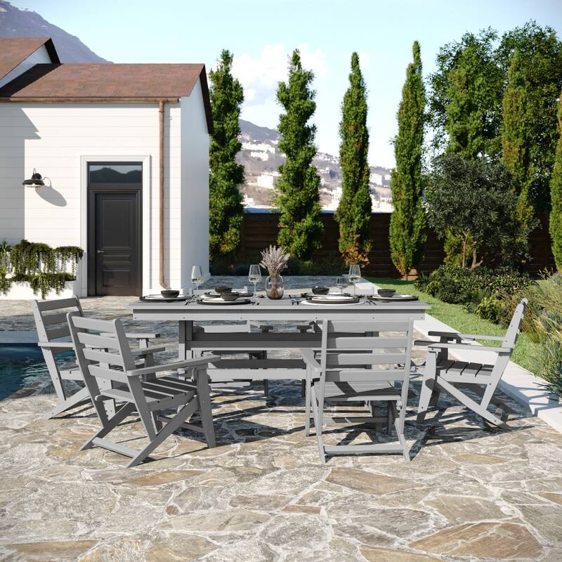 Commercial All Weather Adirondack Table and 6 Chairs with Cupholders - Gray