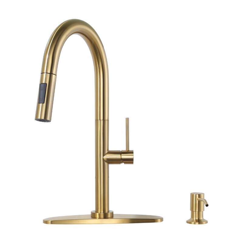 WOWOW Single Handle Pull Down Kitchen Faucet with Soap Dispenser - Gold