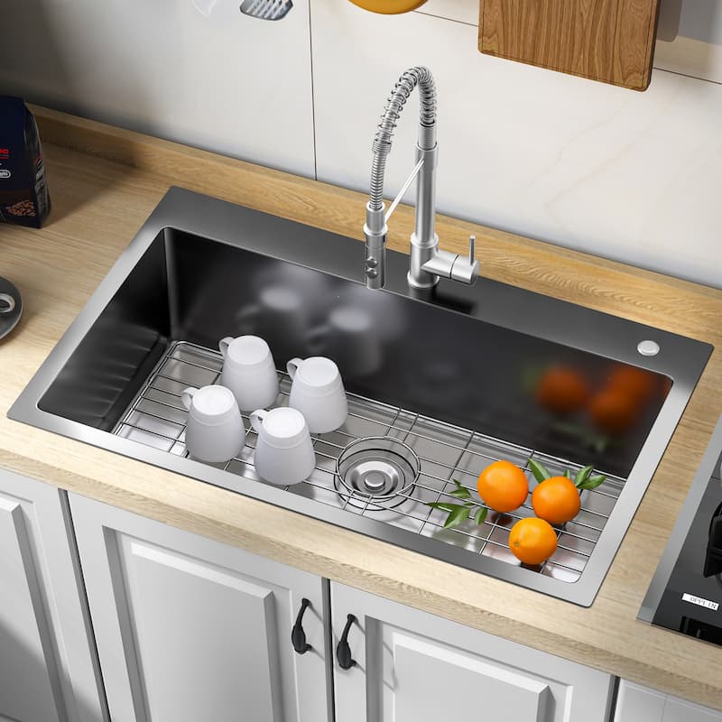 33 Inch Drop In Kitchen Sink Top mount Stainless Steel Black Sink w/Sink Protector Single Bowl Drop-in Sink for Workstation - 28''W X 18''D X 9''H