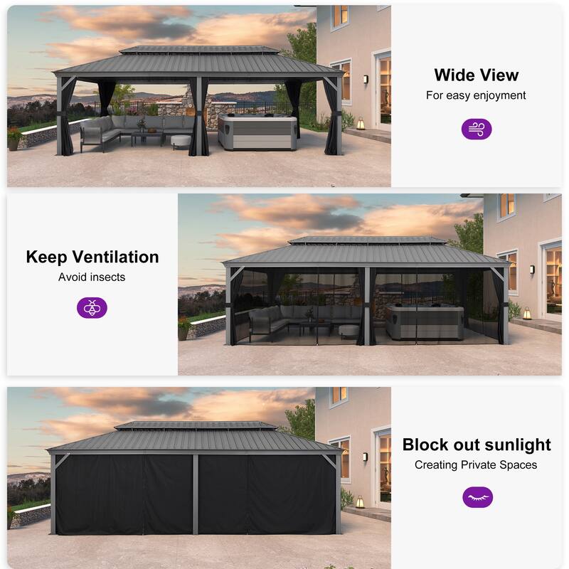 PURPLE LEAF Patio Gazebo for Backyard Hardtop Galvanized Steel Frame with Upgrade Curtain - Light Grey