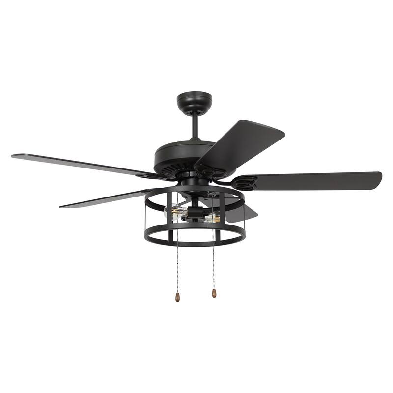 52" Industrial Black 5 Blades Caged Ceiling Fan with Light and Pull Chain