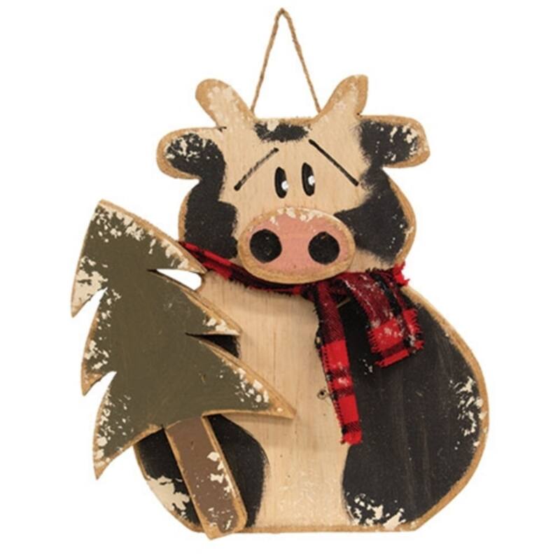 Rustic Wood Hanging Winter Cow with Tree Farmhouse Decor - 12” x 10” x 2” - Off-White-Black