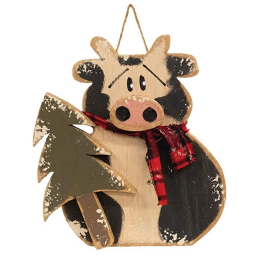 Rustic Wood Hanging Winter Cow with Tree Farmhouse Decor - 12” x 10” x 2”