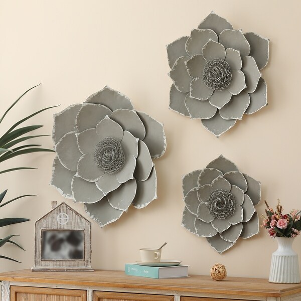 Light Grey and White Metal Flower Wall Decor (Set of 3) - Bed Bath