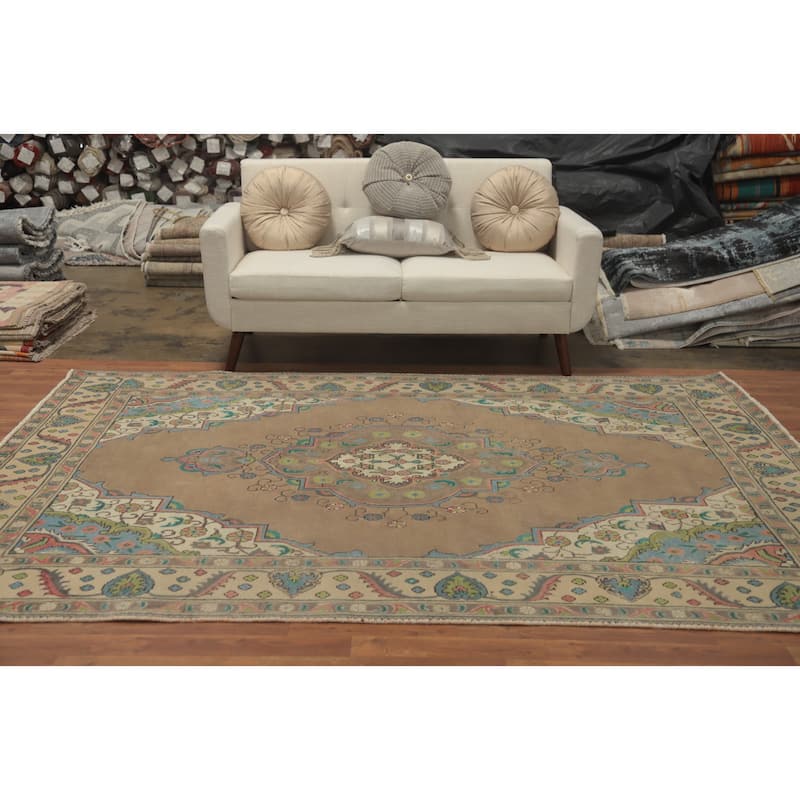 Hand Knotted Oriental 100% Wool Carpet Traditional Medallion Brown Tabriz Area Rug - 8' 11'' X 6' 5''