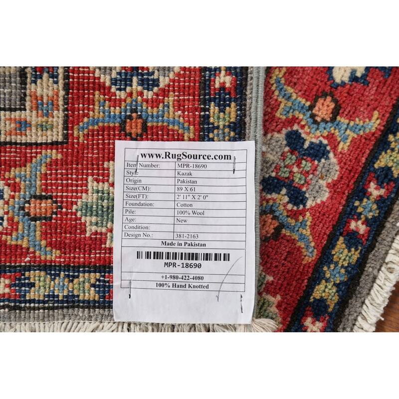 Geometric Kazak Oriental Accent Rug Handmade Grey Wool Carpet - 2'0"x 2'11"