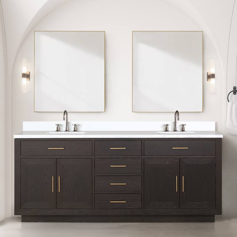 Abbey 60 in W x 22 in D Black Oak Double Bath Vanity, White Quartz Top, Faucet Set, and 28 in Mirrors
