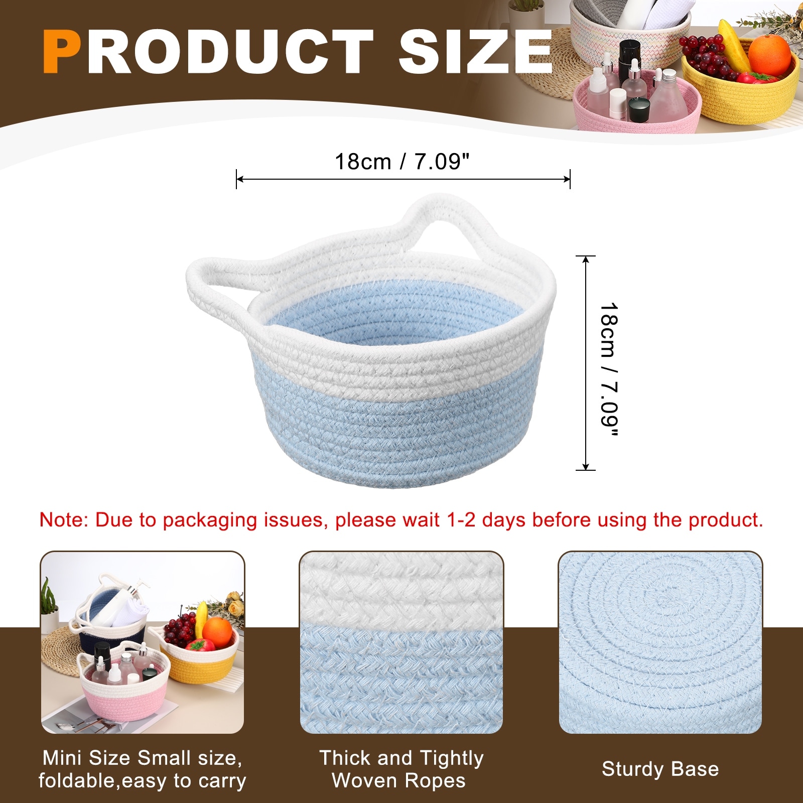 Small Cotton Rope Woven Storage Basket, Cat Ears Decorative Organizer