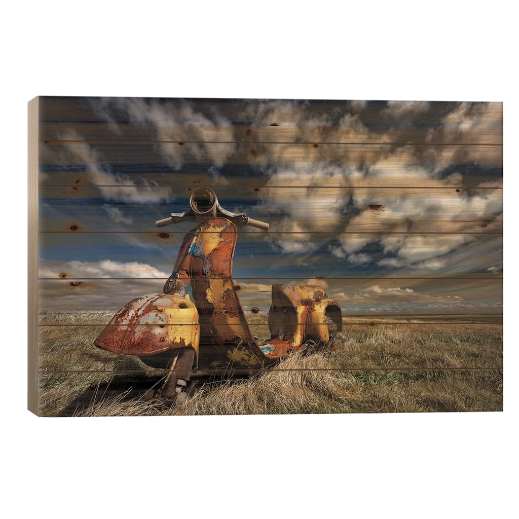 Yellow Scooter Print On Wood by Torsteinn H. Ingibergsson - Multi-Color