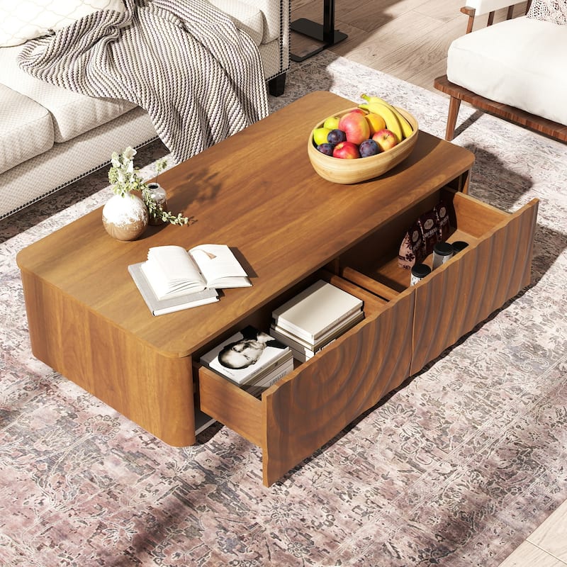 47"Rectangle Coffee Table With Storage Square Spiral Grain Coffee Tables Walnut For Living Room Coffee Table With 2 Drawers