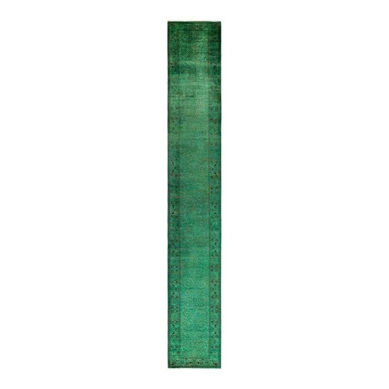 Overton Hand Knotted Wool Vintage Inspired Modern Contemporary Overdyed Green Area Rug - 2' 7" x 18' 1"