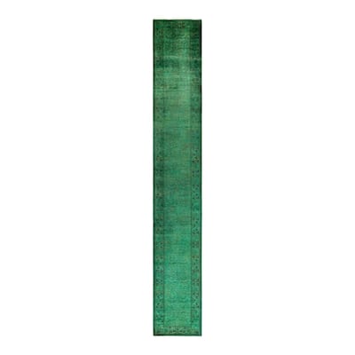 Overton Hand Knotted Wool Vintage Inspired Modern Contemporary Overdyed Green Area Rug - 2' 7" x 18' 1"