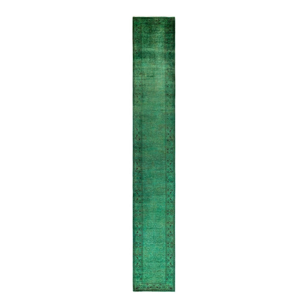 Overton Hand Knotted Wool Vintage Inspired Modern Contemporary Overdyed Green Area Rug - 2' 7" x 18' 1"