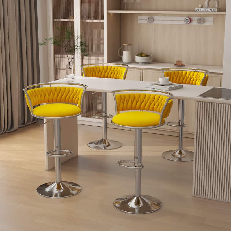 Modern Velvet 26" Adjustable Swivel Bar Stools (Set of 4) - Set of 4 - Yellow-Silver