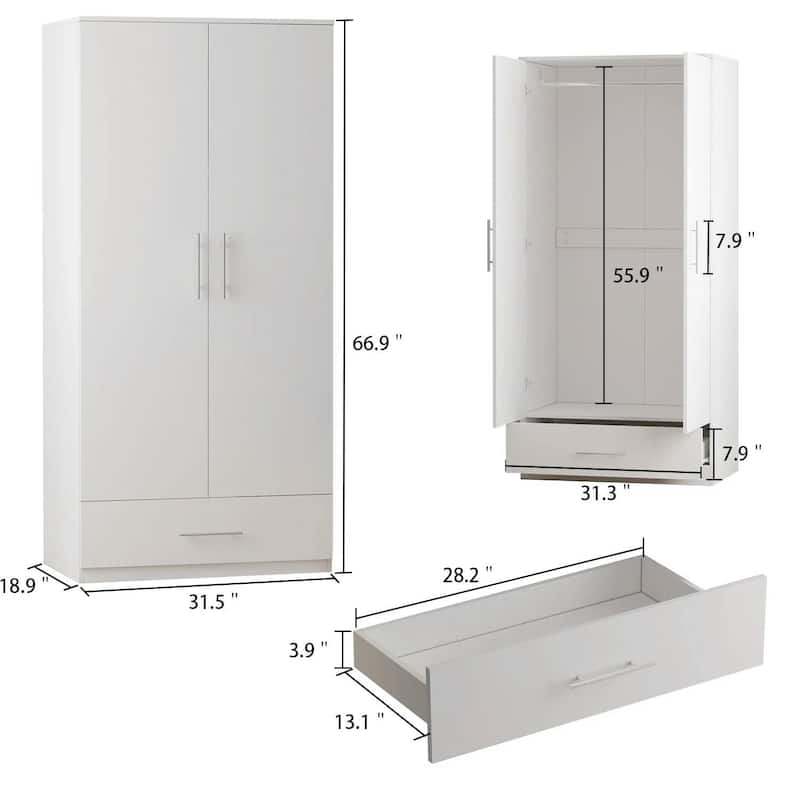 Modern White Armoire Wardrobe Closet with Storage Drawer and Hanging Rod - 66.9'' H X 31.5'' W X 18.9'' D