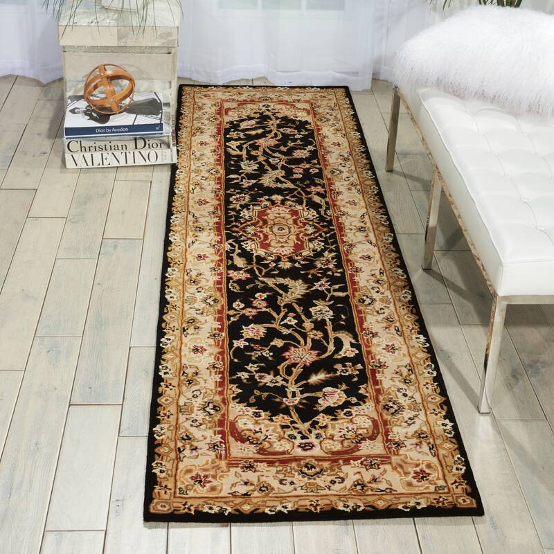 Nourison Hand-tufted Traditional Persian Wool Silk Area Rug - 2'3" x 8' Runner - Black - Runner/Rectangle