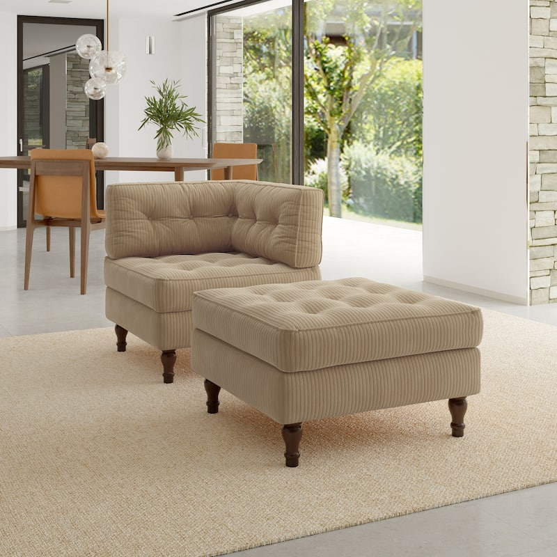 Corduroy Tufted Accent Chair Armchair and Ottoman Set - Camel