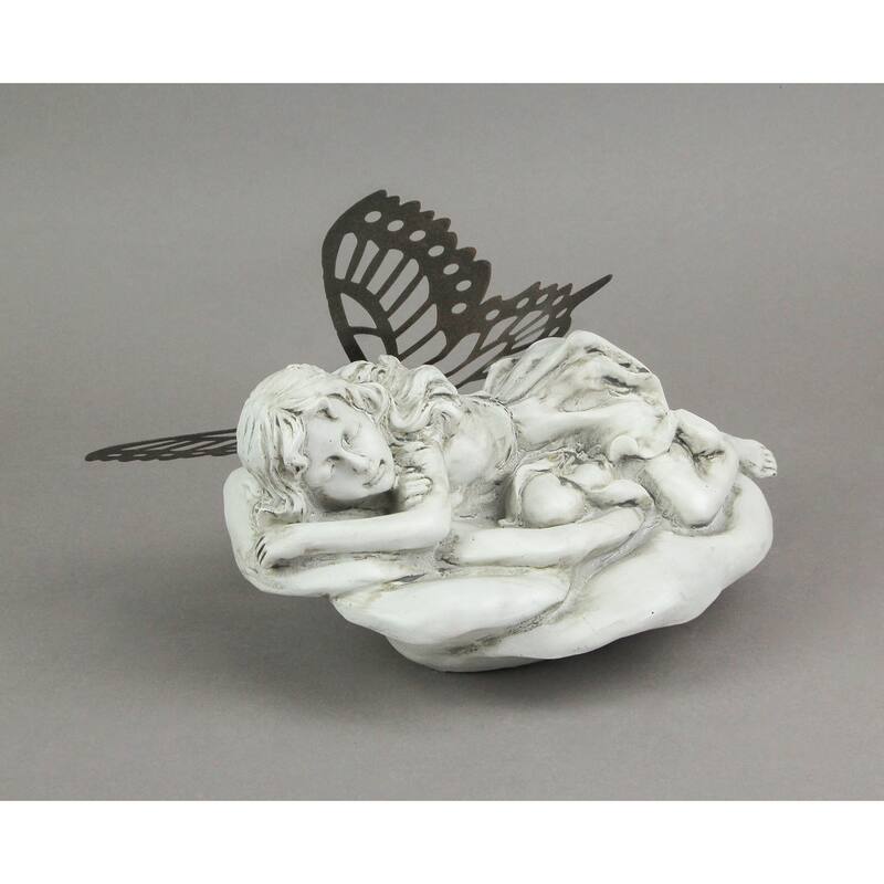 White Sleeping Fairy Indoor / Outdoor Statue With Rustic Metal Wings - 6.25 X 9 X 6.75 inches