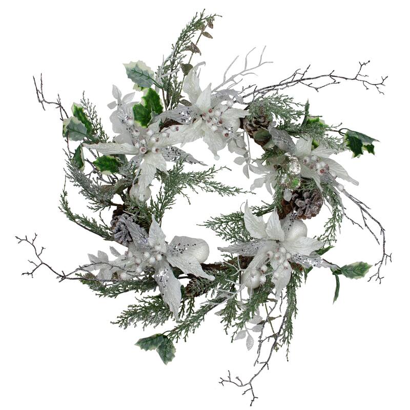 Iced White Poinsettia Artificial Christmas Wreath - 22 inch, Unlit