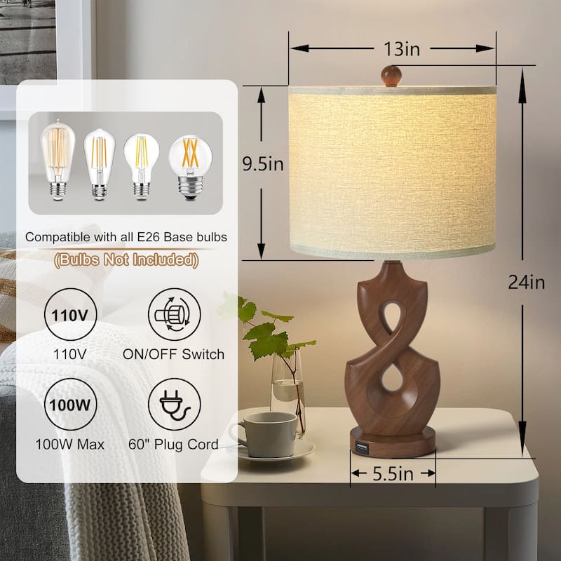 Maxax 24.5" Resin USB Bedside Table Lamp(set of 2)