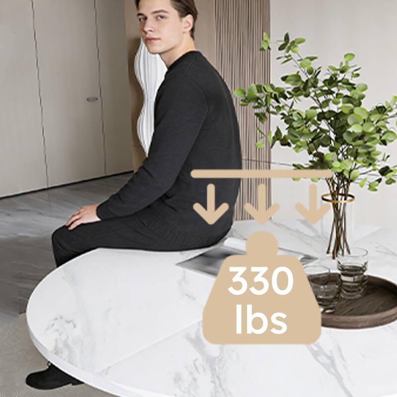 47 inch Round MDF Dining Table for 4, Modern Farmhouse Kitchen Table with Wood Strip Base, Circle Dinner Table