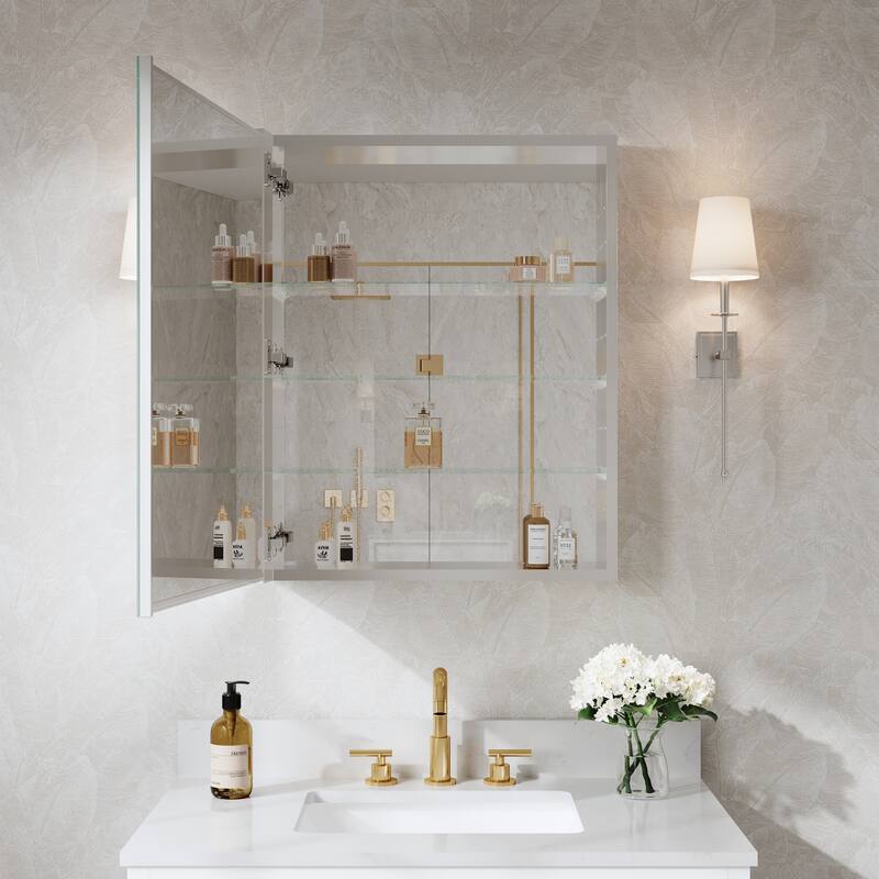 Recessed or Surface Wall Mount Bathroom Medicine Cabinet With Adjustable Glass Shelves