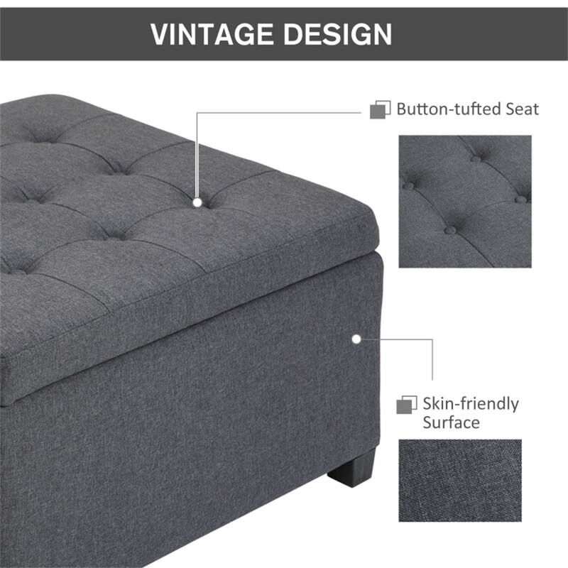Button-Tufted Storage Ottoman with Flip-Top Seat and Linen-Texture Cushion Wood Frame