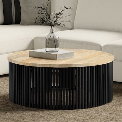 Simpli Home Demy 35" Wide Round Industrial Coffee Table in Natural, Black, Fully Assembled - 35" D x 35" W x 14" H