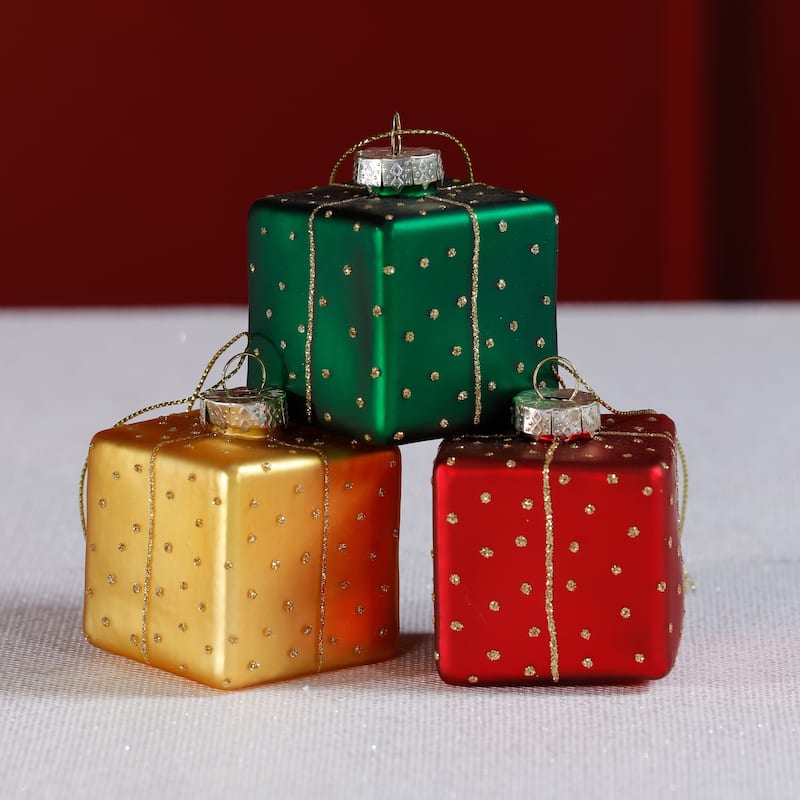 Glass Gift Box Holiday Ornaments, 12 Hanging Pieces (4 Sets of 3)