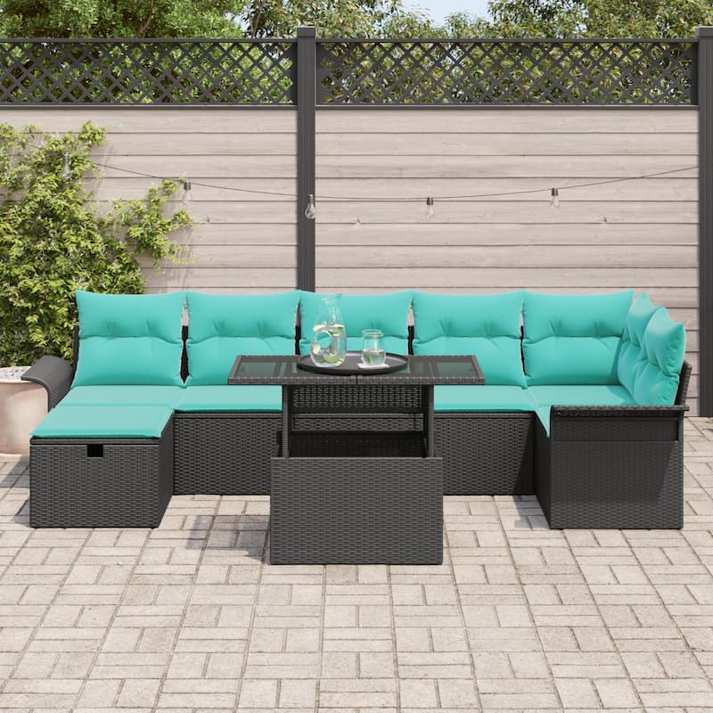 vidaXL 8 Piece Garden Sofa Set with Cushions Black Poly Rattan - 117.1×52.2×27.2