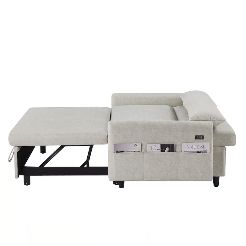 55.1" Pull Out Sleep Sofa Bed Loveseats Sofa Couch with Adjsutable Backrest, Storage Pockets, 2 Soft Pillows, USB Ports
