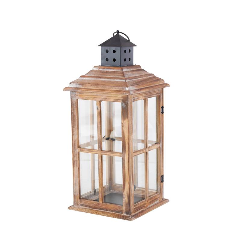 Wood Light House Decorative Candle Lantern with Black Ring Handle - Brown or Light Brown - Roche River Decor