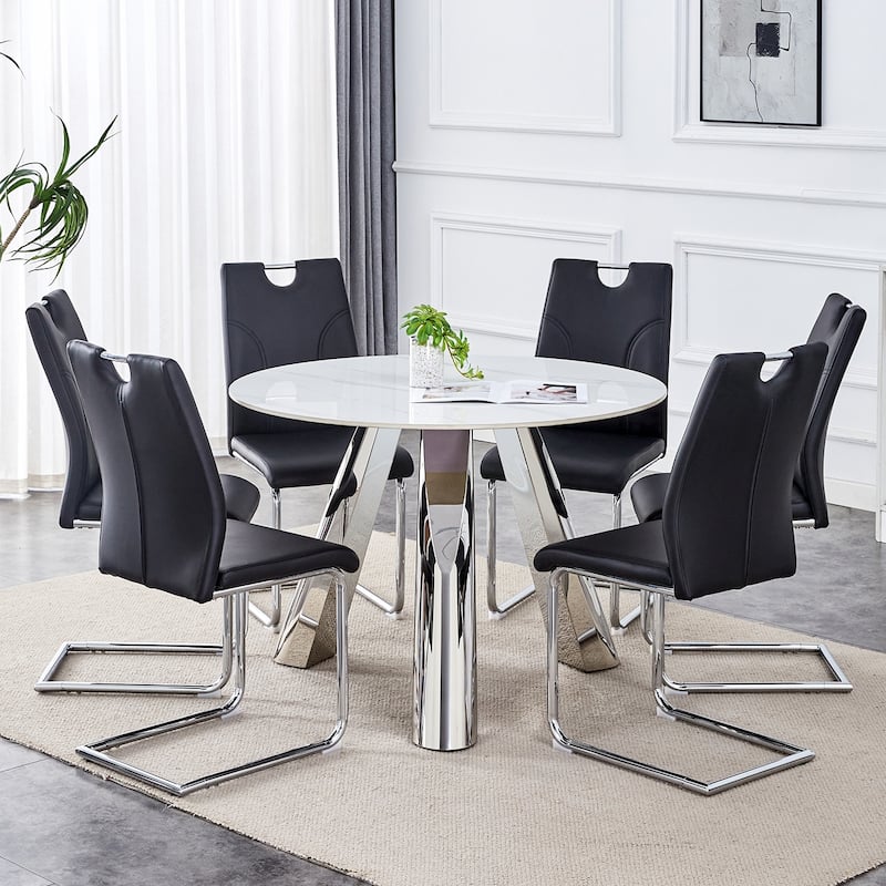 Roomfitters Round Sintered Stone Dining Table with 6 White Chairs, Modern Design Set
