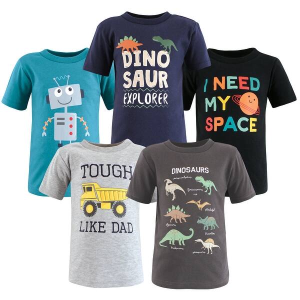 slide 1 of 1, Hudson Baby Infant Boy Short Sleeve T-Shirts, Dino Truck Robot 12-18 Months - Dino Truck Robot
