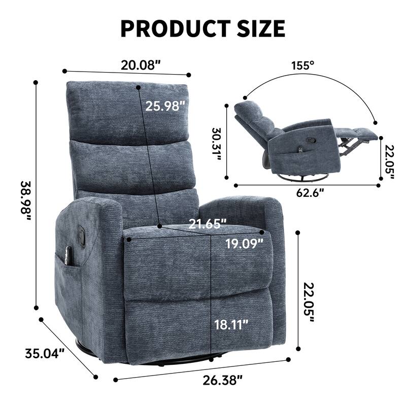 Roomfitters Manual Rocker Swivel Recliner Chair with Heat and Massage Fabric Glider Lounge Sofa for Living Room