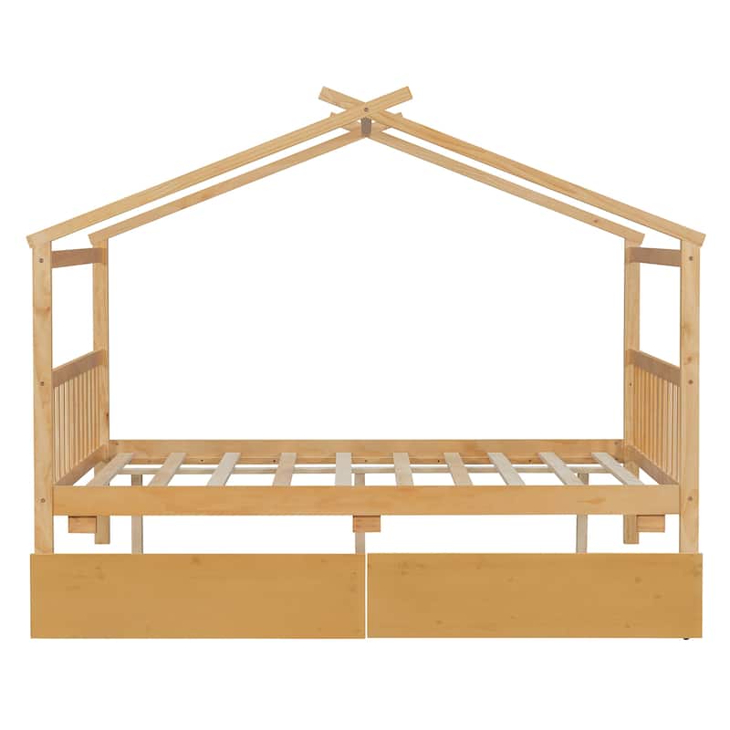 Creativity House Bed Full Size Frame with 2 Wood Drawers for Boys Girls, Wood Platform Bed with Roof No Box Spring Needed