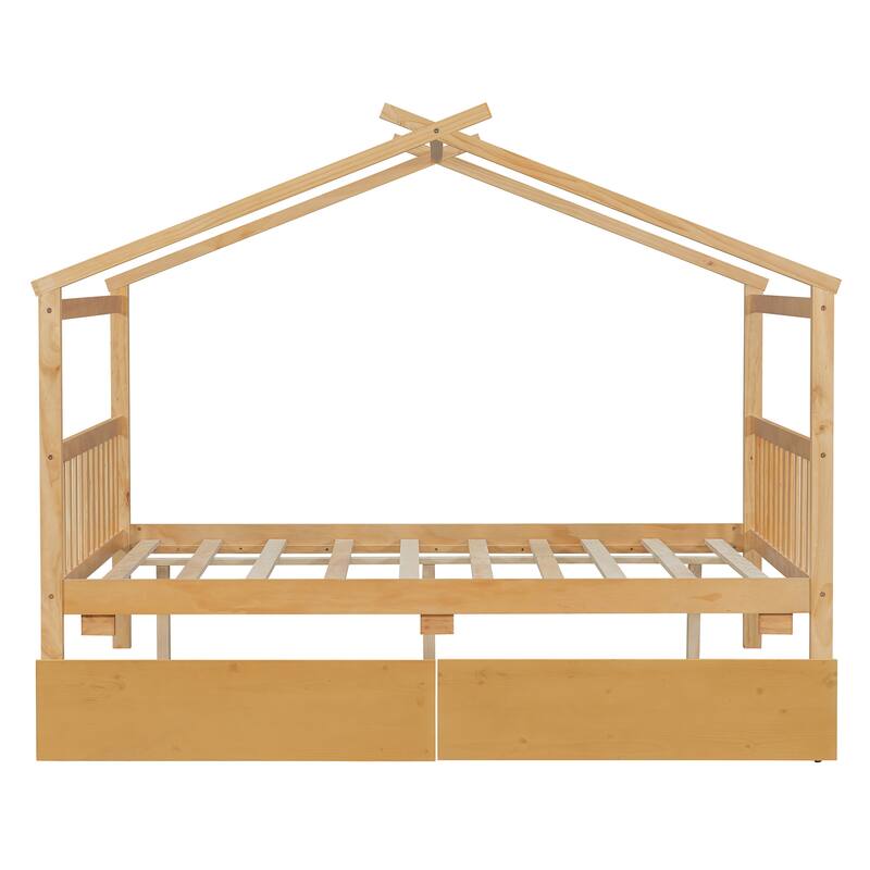 Full Size Wooden House Bed with Drawers, 79.5"L x 57.1"W x 63.1"H, Natural